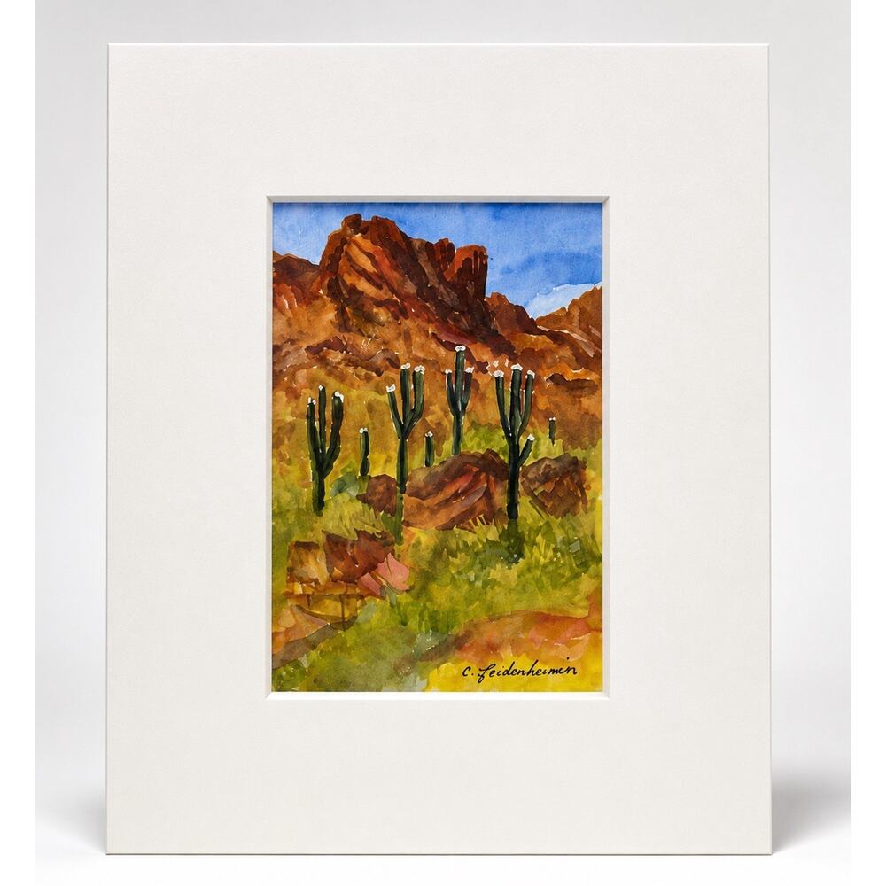 Signed C. Leidenheimer Desert Cactus Watercolor Matted 8x10 Southwest Art